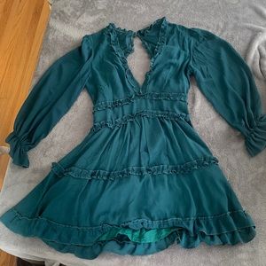 Tempo teal ruffle long-sleeved dress. Puffed sleeves.
